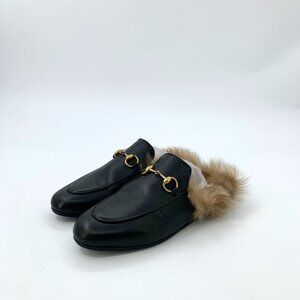 Gucci Womens Black Leather Horsebit Fur-Lined Slippers Size 36 Made In Italy